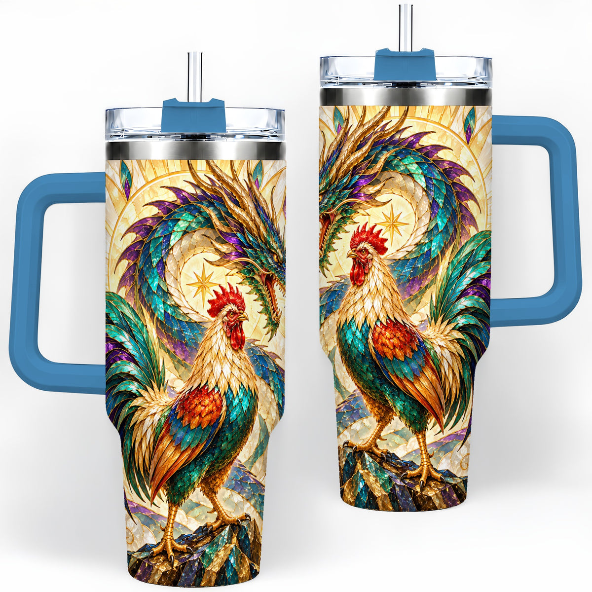 #pl[40oz|Blue] Stained Glass Style Rooster Dragon 40oz Tumbler, Stainless Steel