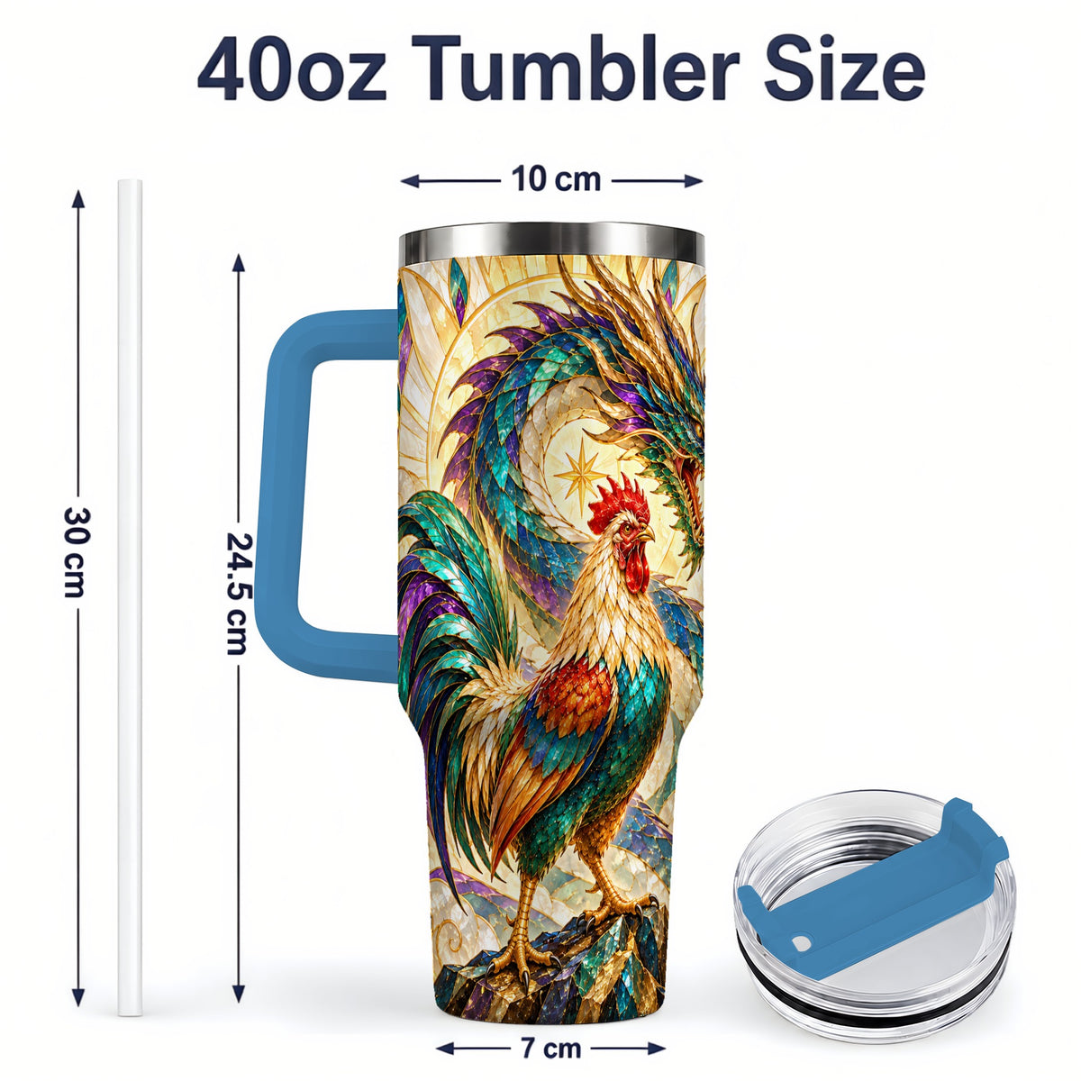 #pl[40oz|Blue] Stained Glass Style Rooster Dragon 40oz Tumbler, Stainless Steel