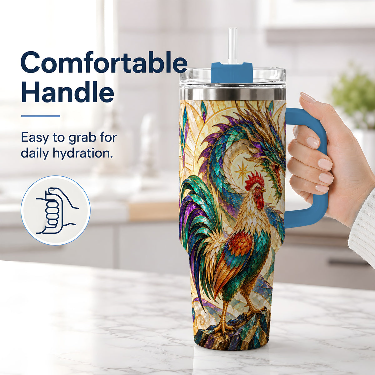 #pl[40oz|Blue] Stained Glass Style Rooster Dragon 40oz Tumbler, Stainless Steel