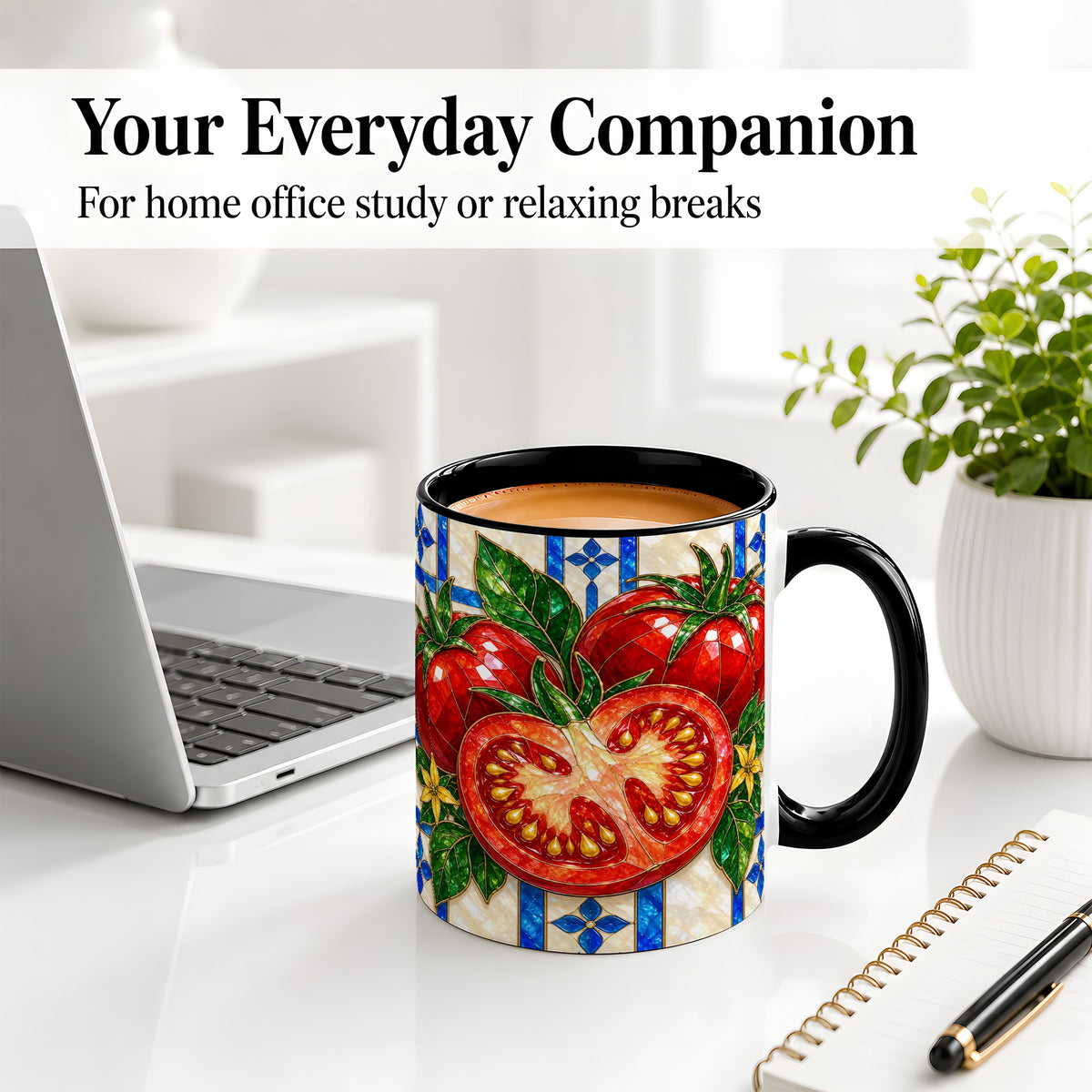 #pl[11oz|Black] Stained Glass Tomato Accent Mug, Ceramic Drinkware for Gardeners