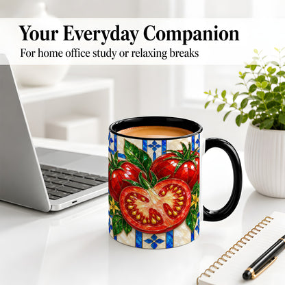 #pl[11oz|Black] Stained Glass Tomato Accent Mug, Ceramic Drinkware for Gardeners