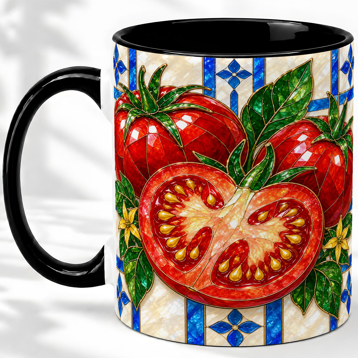 #pl[11oz|Black] Stained Glass Tomato Accent Mug, Ceramic Drinkware for Gardeners