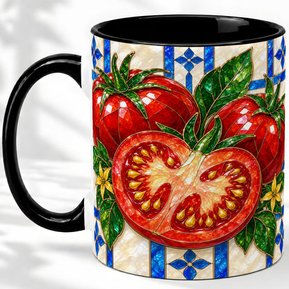#pl[11oz|Black] Stained Glass Tomato Accent Mug, Ceramic Drinkware for Gardeners