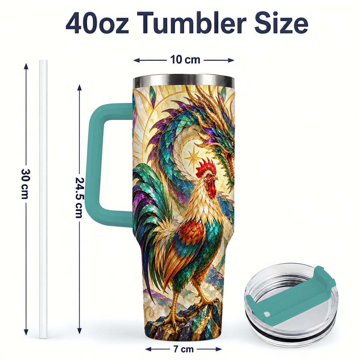 #pl[40oz|Green] Stained Glass Style Rooster Dragon 40oz Tumbler, Stainless Steel