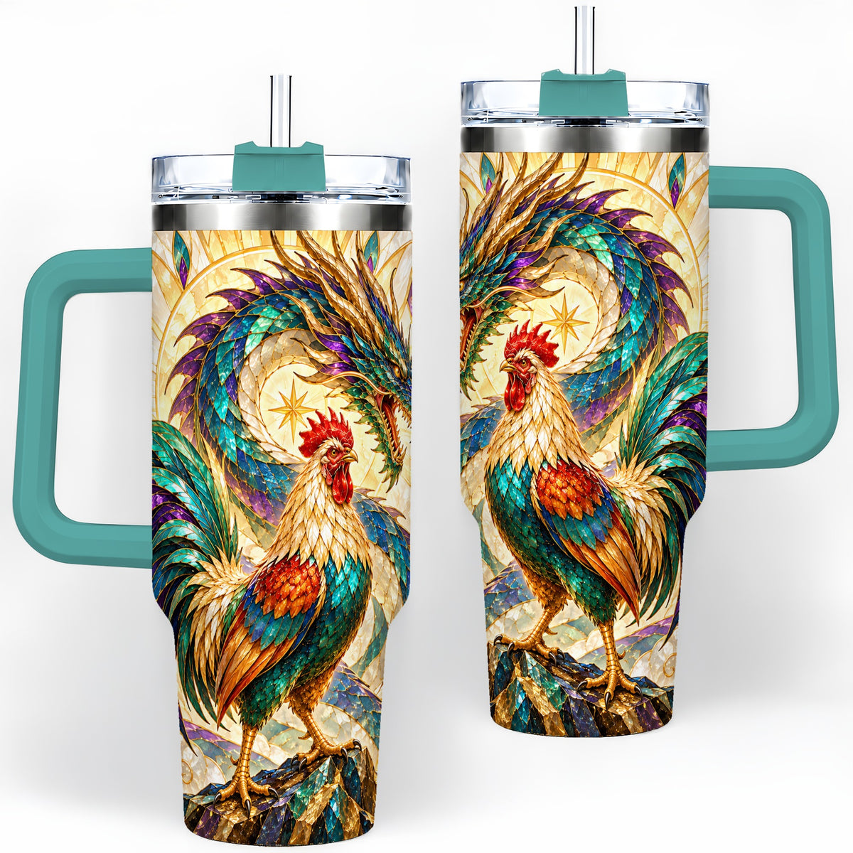 #pl[40oz|Green] Stained Glass Style Rooster Dragon 40oz Tumbler, Stainless Steel