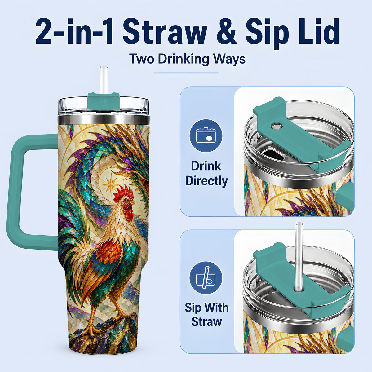 #pl[40oz|Green] Stained Glass Style Rooster Dragon 40oz Tumbler, Stainless Steel