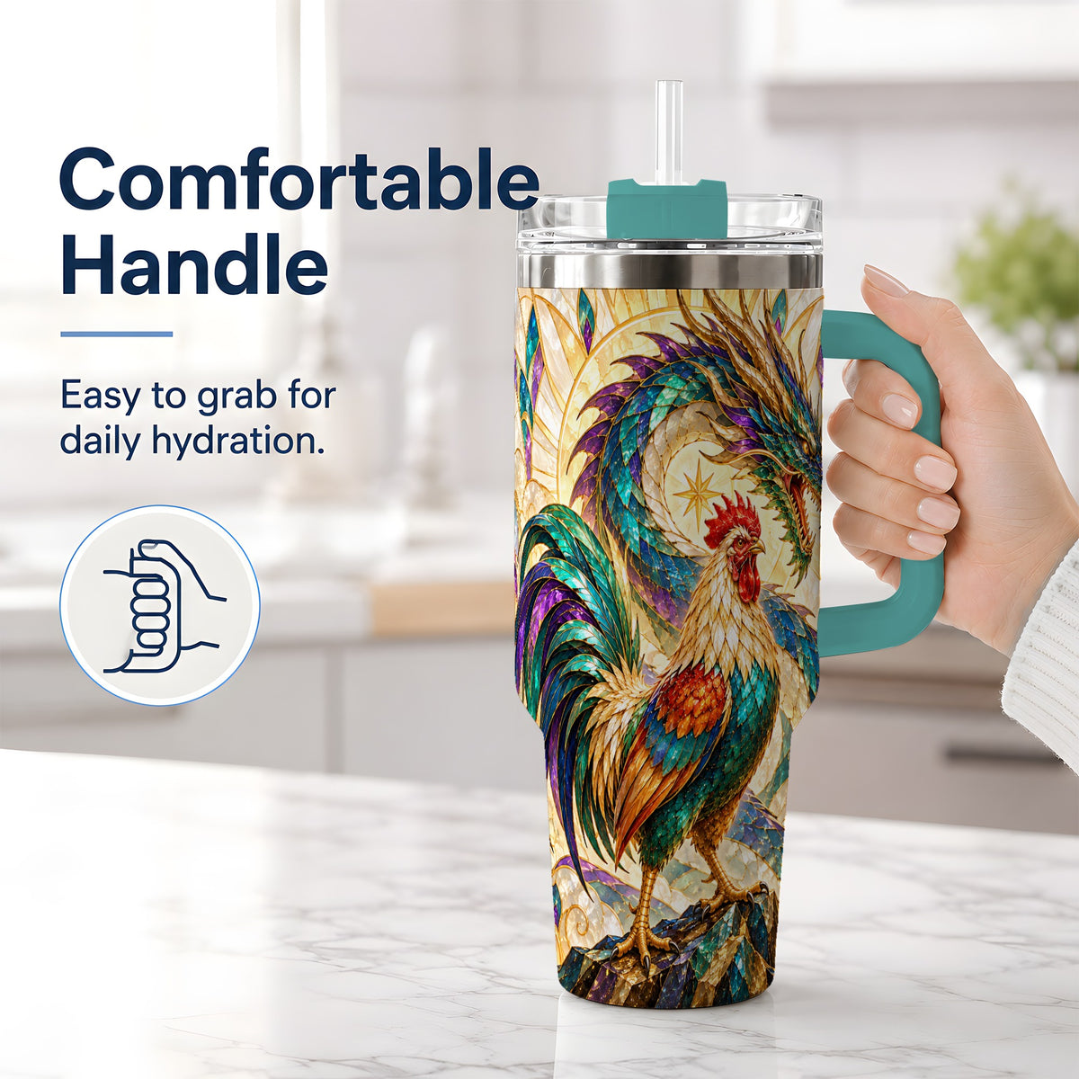 #pl[40oz|Green] Stained Glass Style Rooster Dragon 40oz Tumbler, Stainless Steel