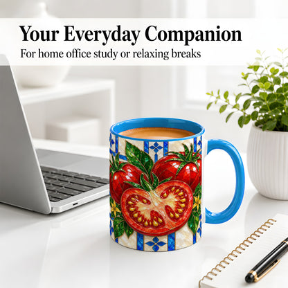 #pl[11oz|Blue] Stained Glass Tomato Accent Mug, Ceramic Drinkware for Gardeners