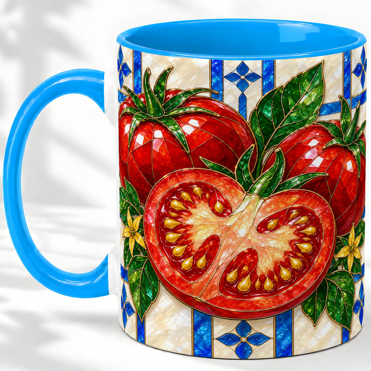 #pl[11oz|Blue] Stained Glass Tomato Accent Mug, Ceramic Drinkware for Gardeners