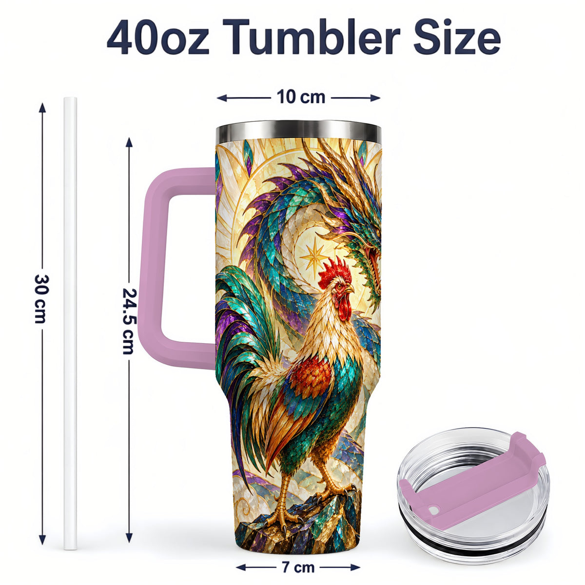 #pl[40oz|Pink] Stained Glass Style Rooster Dragon 40oz Tumbler, Stainless Steel