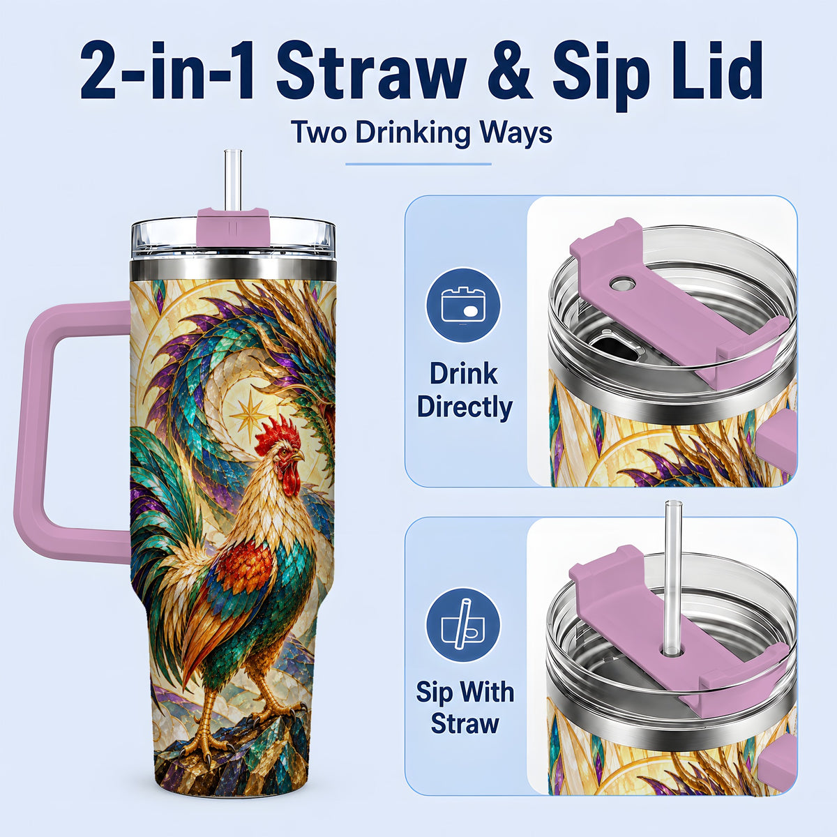 #pl[40oz|Pink] Stained Glass Style Rooster Dragon 40oz Tumbler, Stainless Steel