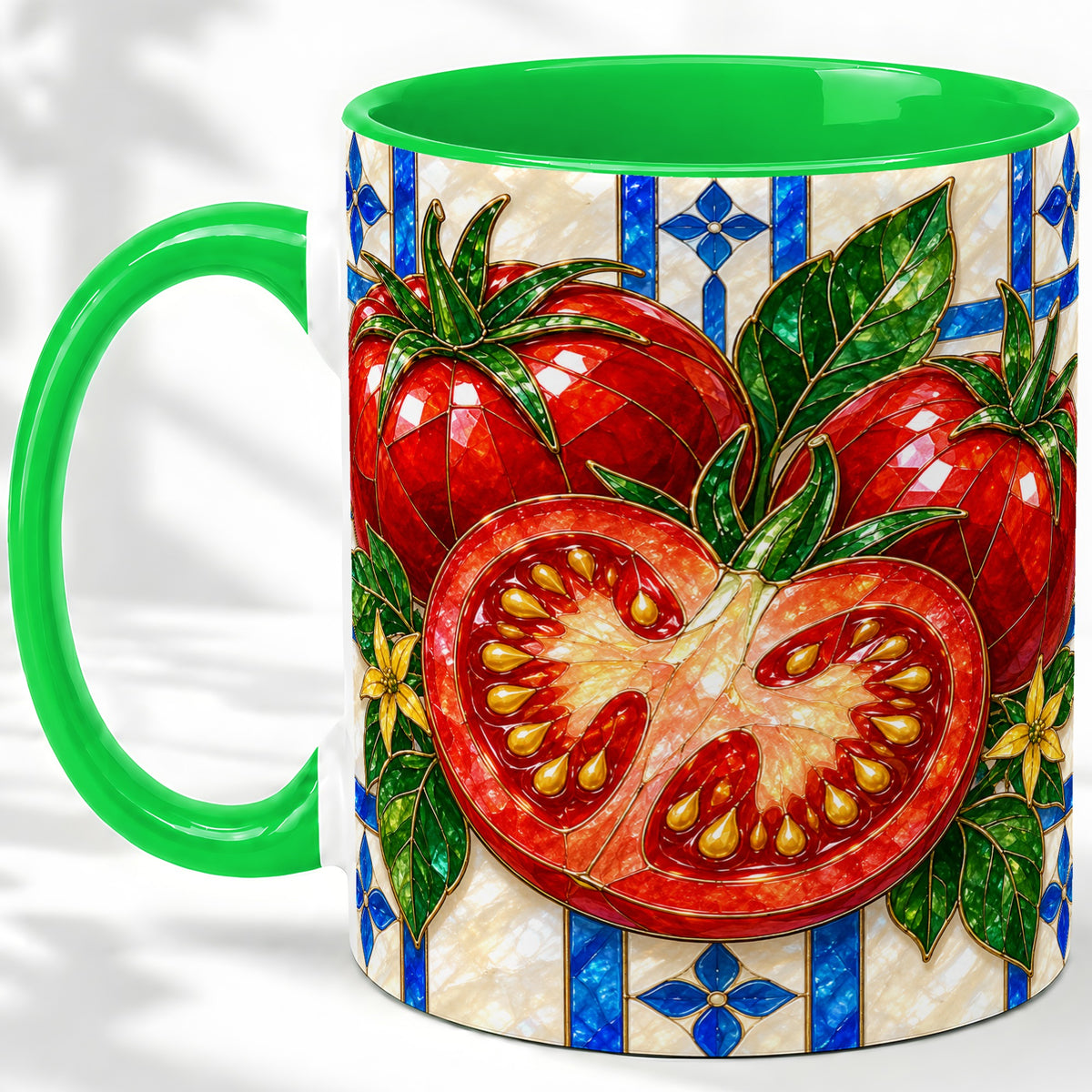#pl[11oz|Green] Stained Glass Tomato Accent Mug, Ceramic Drinkware for Gardeners