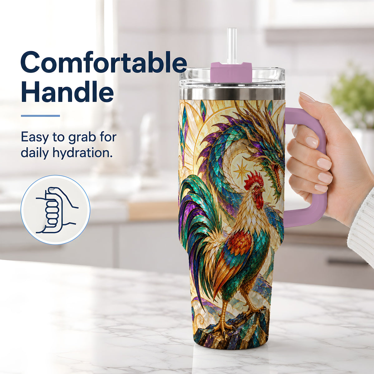 #pl[40oz|Pink] Stained Glass Style Rooster Dragon 40oz Tumbler, Stainless Steel