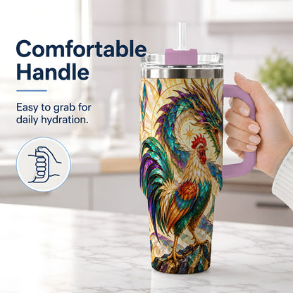 #pl[40oz|Pink] Stained Glass Style Rooster Dragon 40oz Tumbler, Stainless Steel