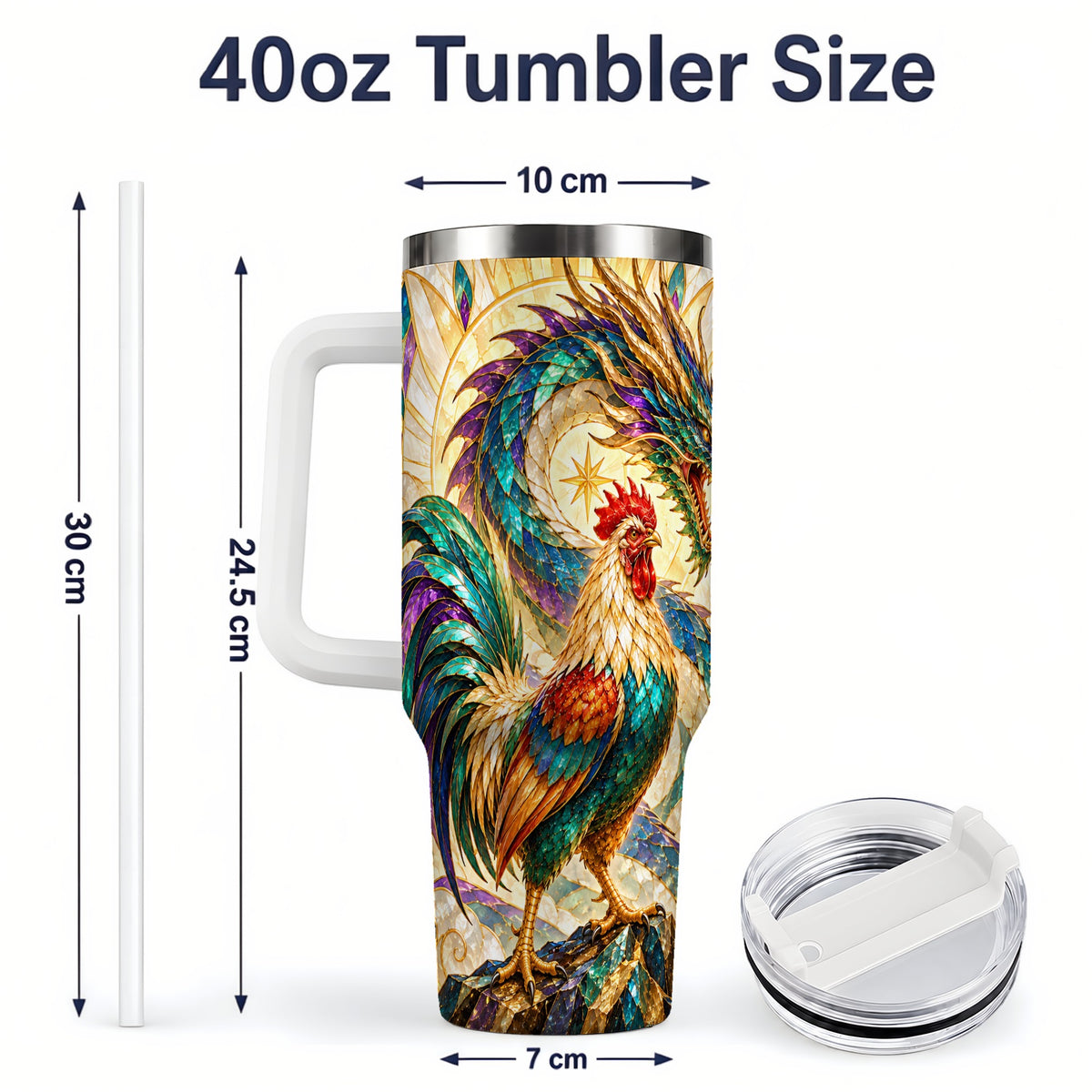 #pl[40oz|White] Stained Glass Style Rooster Dragon 40oz Tumbler, Stainless Steel