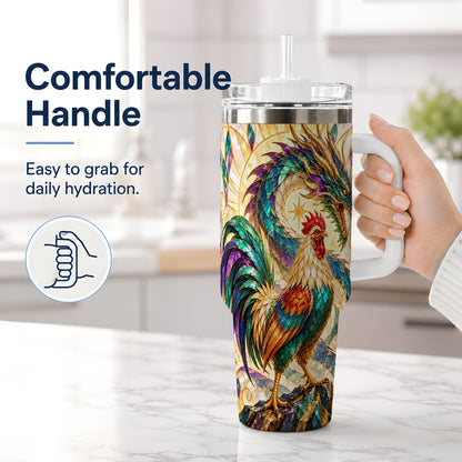 #pl[40oz|White] Stained Glass Style Rooster Dragon 40oz Tumbler, Stainless Steel