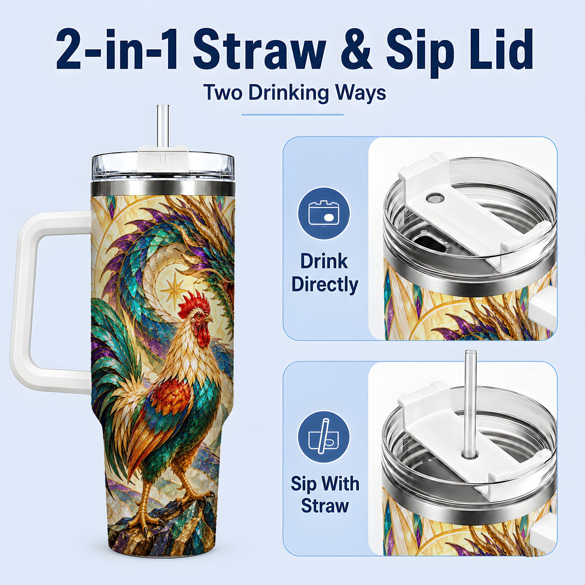 #pl[40oz|White] Stained Glass Style Rooster Dragon 40oz Tumbler, Stainless Steel