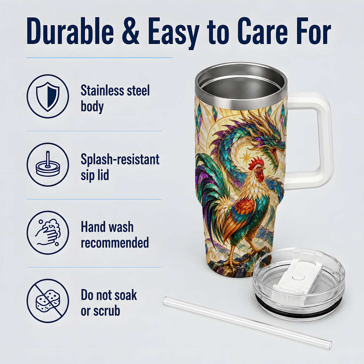 Stained Glass Style Rooster Dragon 40oz Tumbler, Stainless Steel