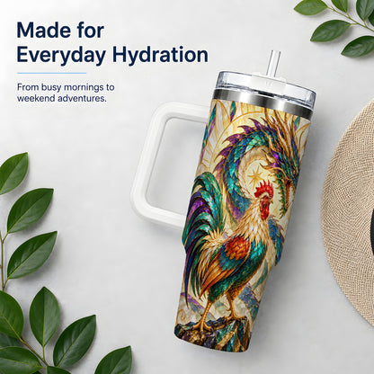 Stained Glass Style Rooster Dragon 40oz Tumbler, Stainless Steel