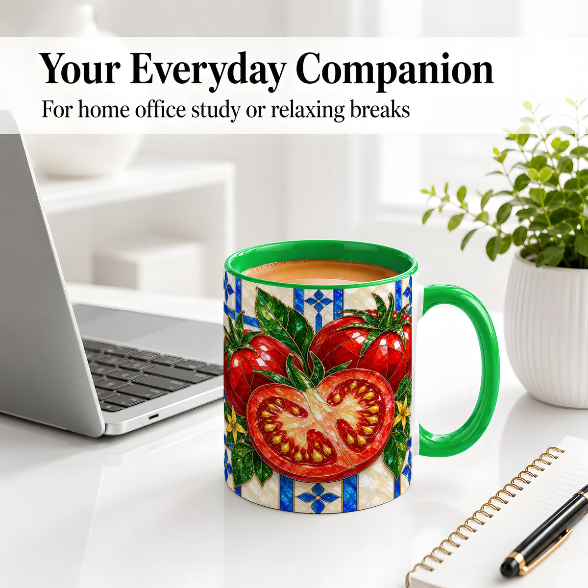 #pl[11oz|Green] Stained Glass Tomato Accent Mug, Ceramic Drinkware for Gardeners