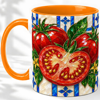 #pl[11oz|Orange] Stained Glass Tomato Accent Mug, Ceramic Drinkware for Gardeners