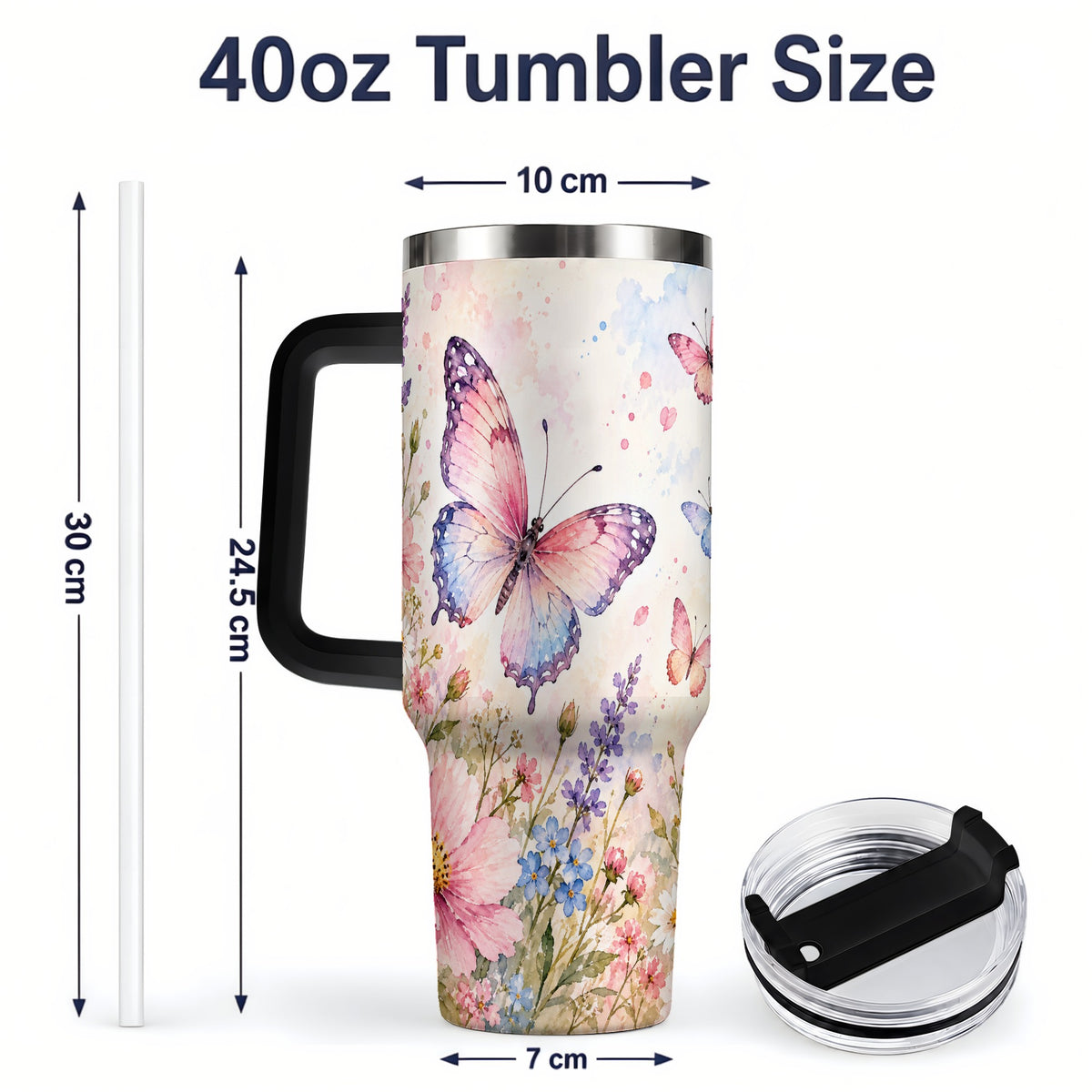 #pl[40oz|Black] Watercolor Butterfly Wildflower 40oz Tumbler, Stainless Steel