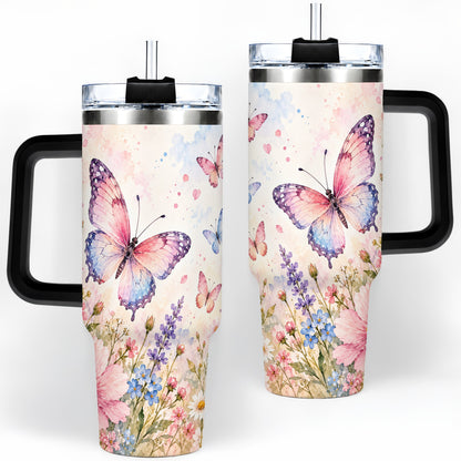 #pl[40oz|Black] Watercolor Butterfly Wildflower 40oz Tumbler, Stainless Steel