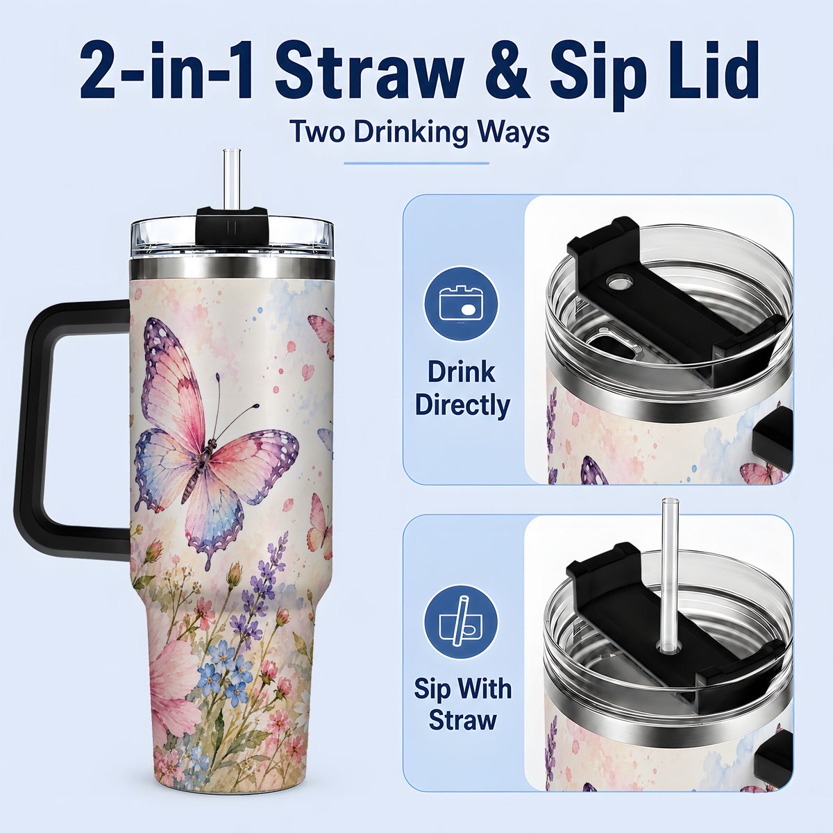 #pl[40oz|Black] Watercolor Butterfly Wildflower 40oz Tumbler, Stainless Steel