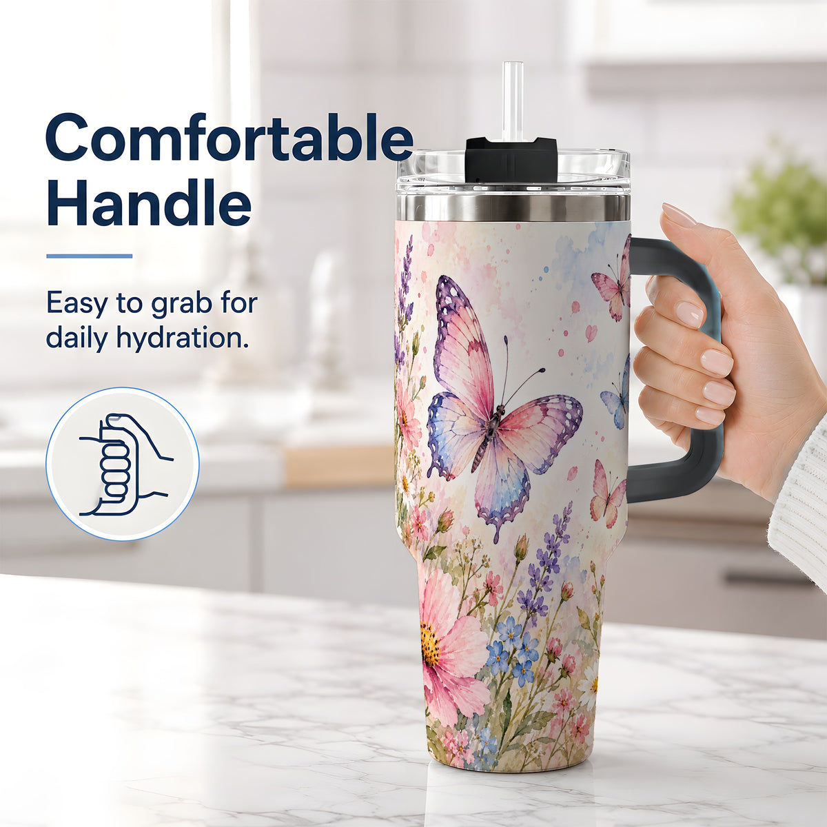 #pl[40oz|Black] Watercolor Butterfly Wildflower 40oz Tumbler, Stainless Steel