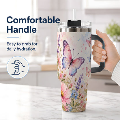 #pl[40oz|Black] Watercolor Butterfly Wildflower 40oz Tumbler, Stainless Steel