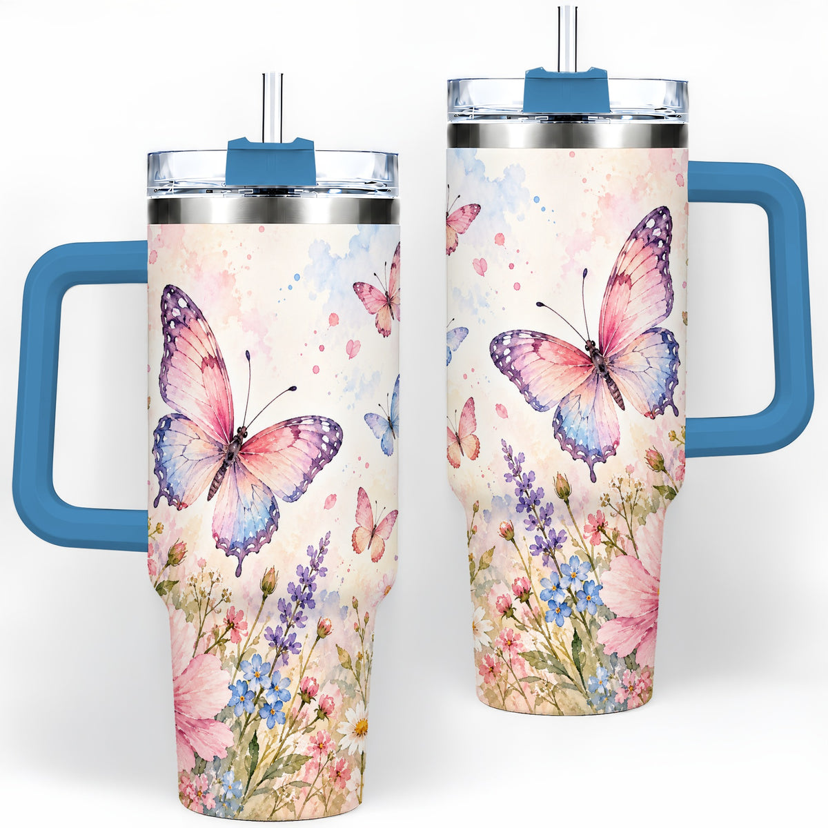 #pl[40oz|Blue] Watercolor Butterfly Wildflower 40oz Tumbler, Stainless Steel