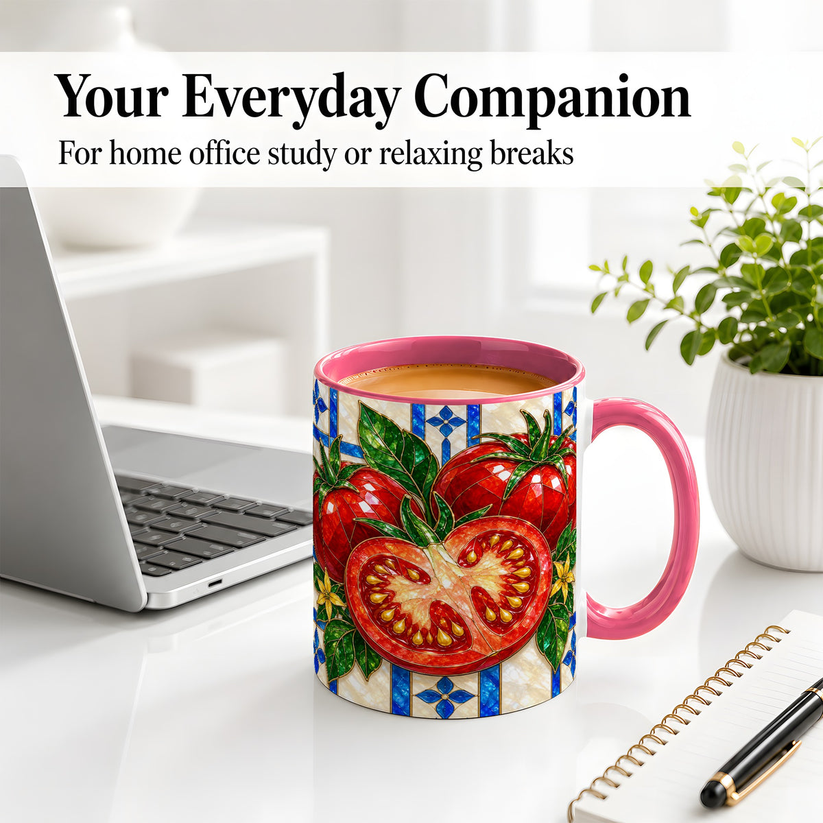 #pl[11oz|Pink] Stained Glass Tomato Accent Mug, Ceramic Drinkware for Gardeners