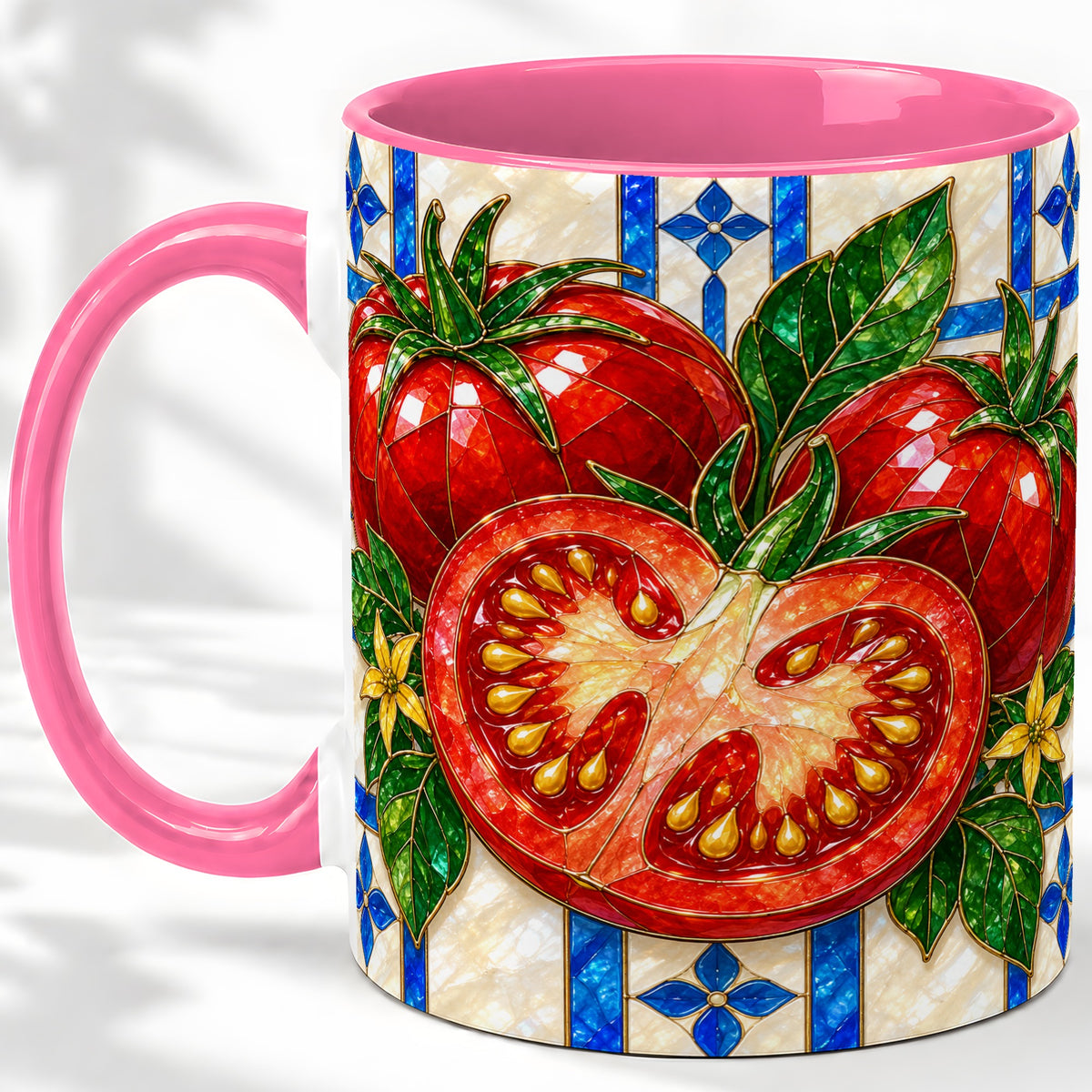 #pl[11oz|Pink] Stained Glass Tomato Accent Mug, Ceramic Drinkware for Gardeners