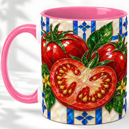 #pl[11oz|Pink] Stained Glass Tomato Accent Mug, Ceramic Drinkware for Gardeners