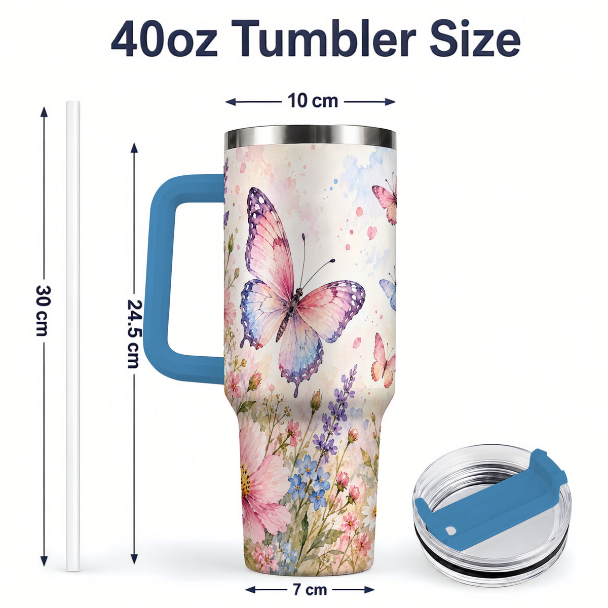 #pl[40oz|Blue] Watercolor Butterfly Wildflower 40oz Tumbler, Stainless Steel