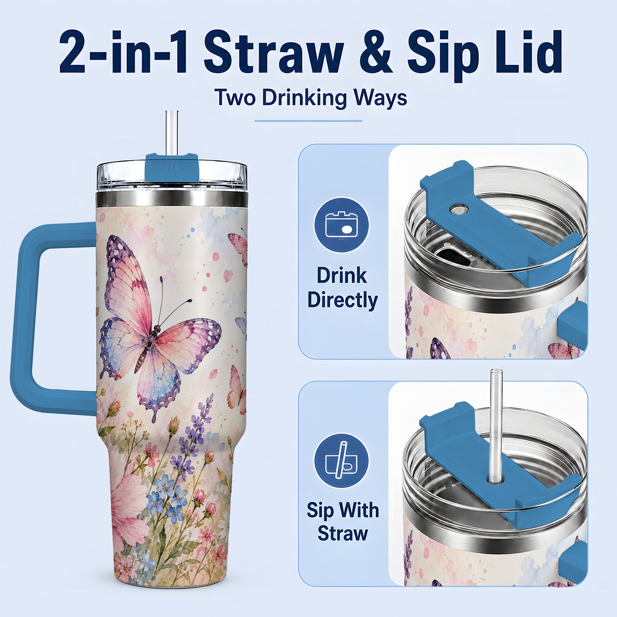 #pl[40oz|Blue] Watercolor Butterfly Wildflower 40oz Tumbler, Stainless Steel