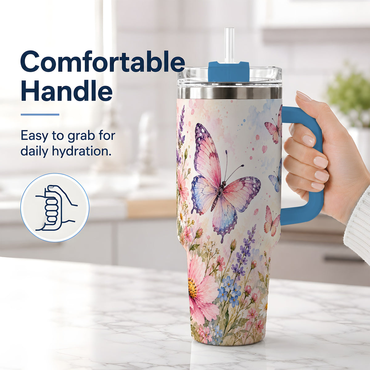 #pl[40oz|Blue] Watercolor Butterfly Wildflower 40oz Tumbler, Stainless Steel