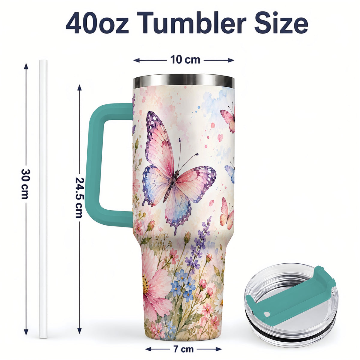 #pl[40oz|Green] Watercolor Butterfly Wildflower 40oz Tumbler, Stainless Steel
