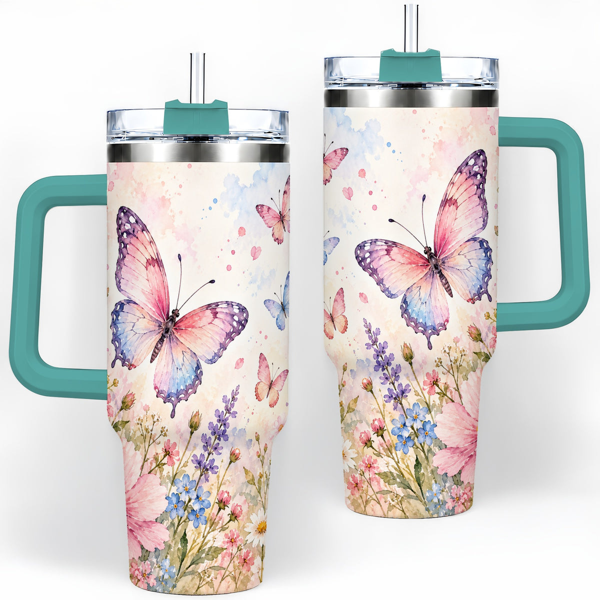 #pl[40oz|Green] Watercolor Butterfly Wildflower 40oz Tumbler, Stainless Steel