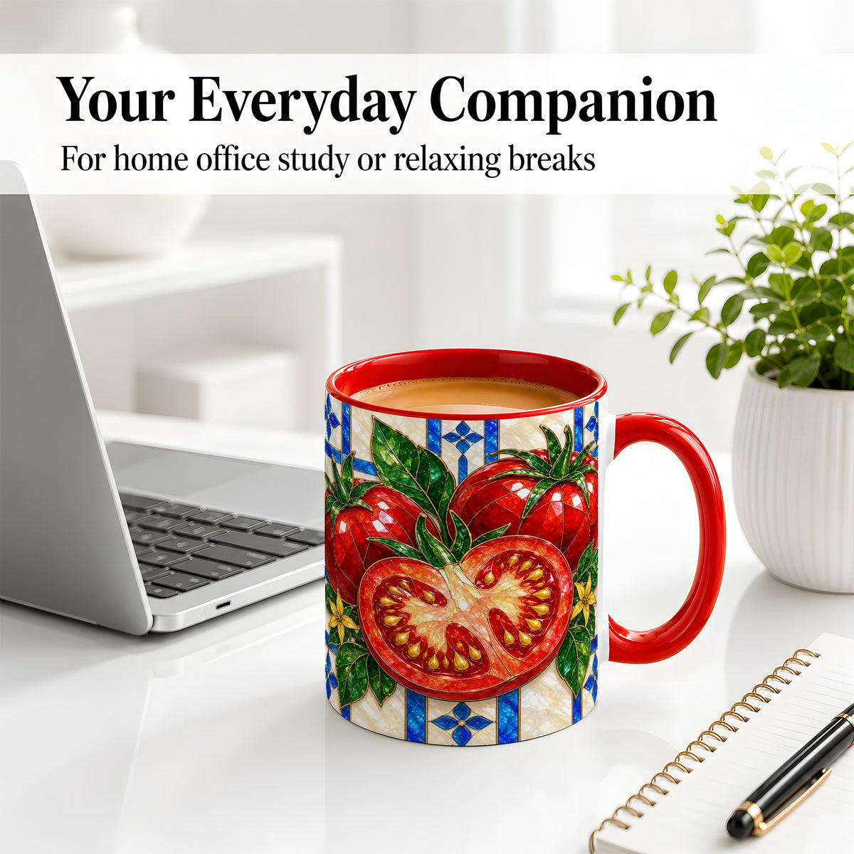 #pl[11oz|Red] Stained Glass Tomato Accent Mug, Ceramic Drinkware for Gardeners