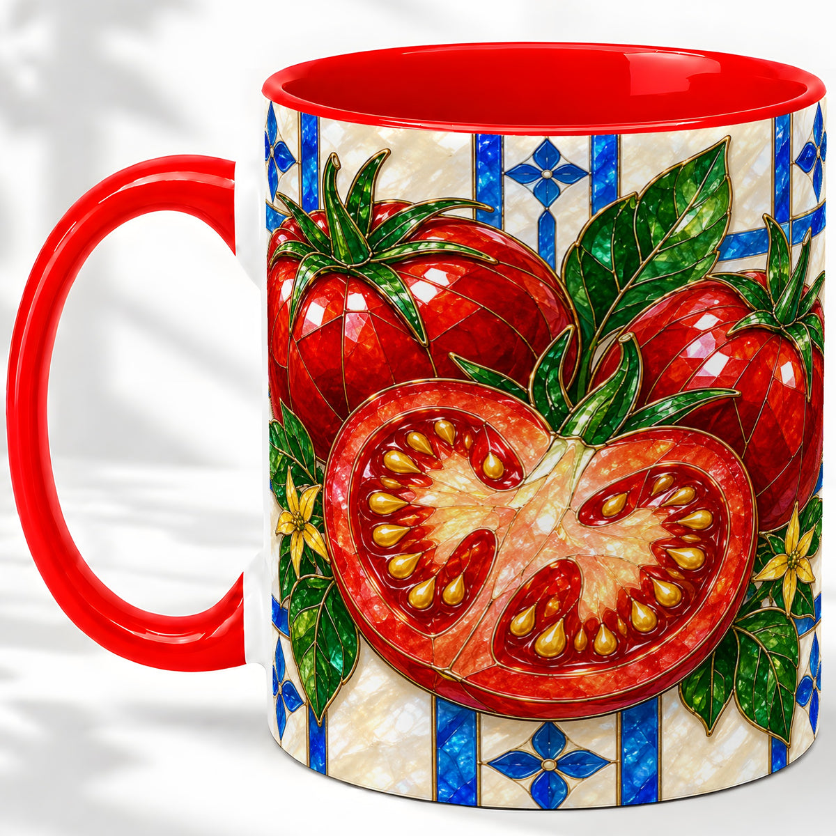 Stained Glass Tomato Accent Mug, Ceramic Drinkware for Gardeners