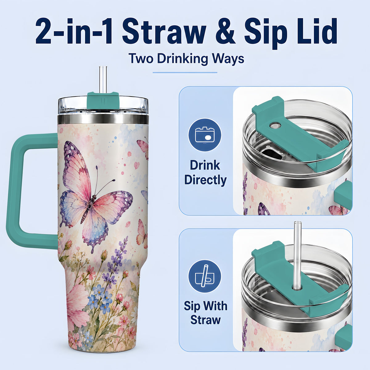 #pl[40oz|Green] Watercolor Butterfly Wildflower 40oz Tumbler, Stainless Steel