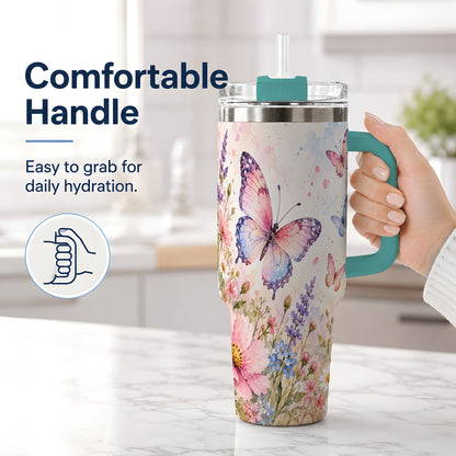 #pl[40oz|Green] Watercolor Butterfly Wildflower 40oz Tumbler, Stainless Steel