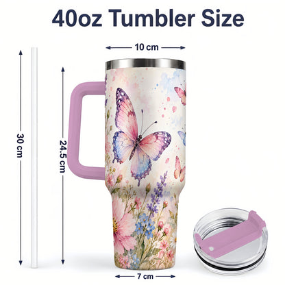 #pl[40oz|Pink] Watercolor Butterfly Wildflower 40oz Tumbler, Stainless Steel