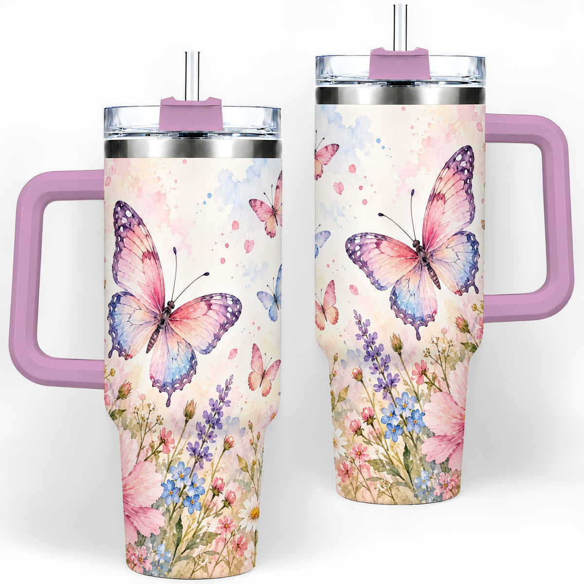 #pl[40oz|Pink] Watercolor Butterfly Wildflower 40oz Tumbler, Stainless Steel