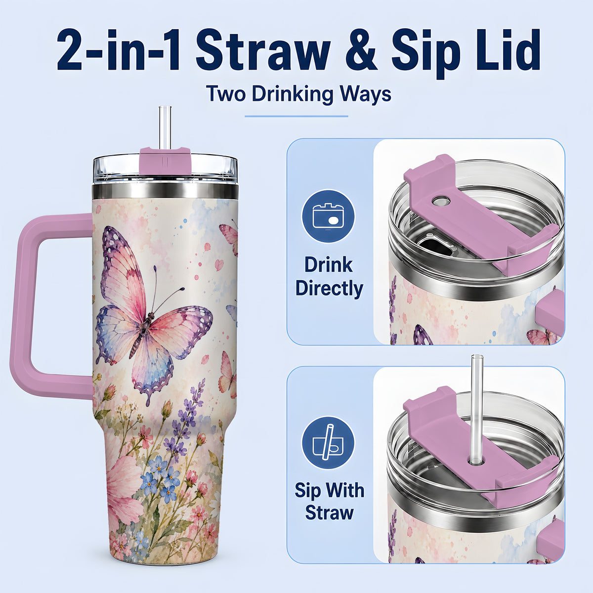 #pl[40oz|Pink] Watercolor Butterfly Wildflower 40oz Tumbler, Stainless Steel