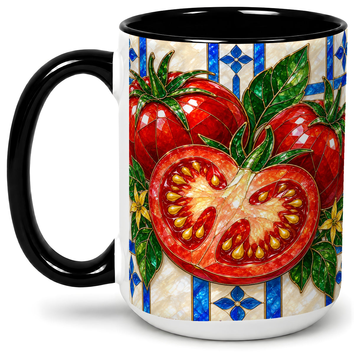 #pl[15oz|Black] Stained Glass Tomato Accent Mug, Ceramic Drinkware for Gardeners