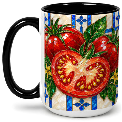 #pl[15oz|Black] Stained Glass Tomato Accent Mug, Ceramic Drinkware for Gardeners