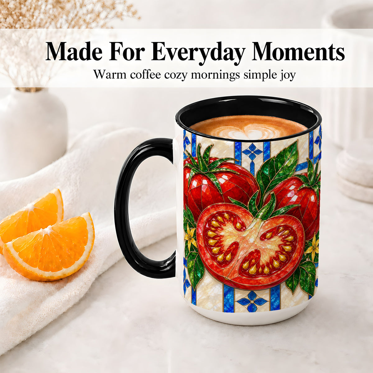 #pl[15oz|Black] Stained Glass Tomato Accent Mug, Ceramic Drinkware for Gardeners