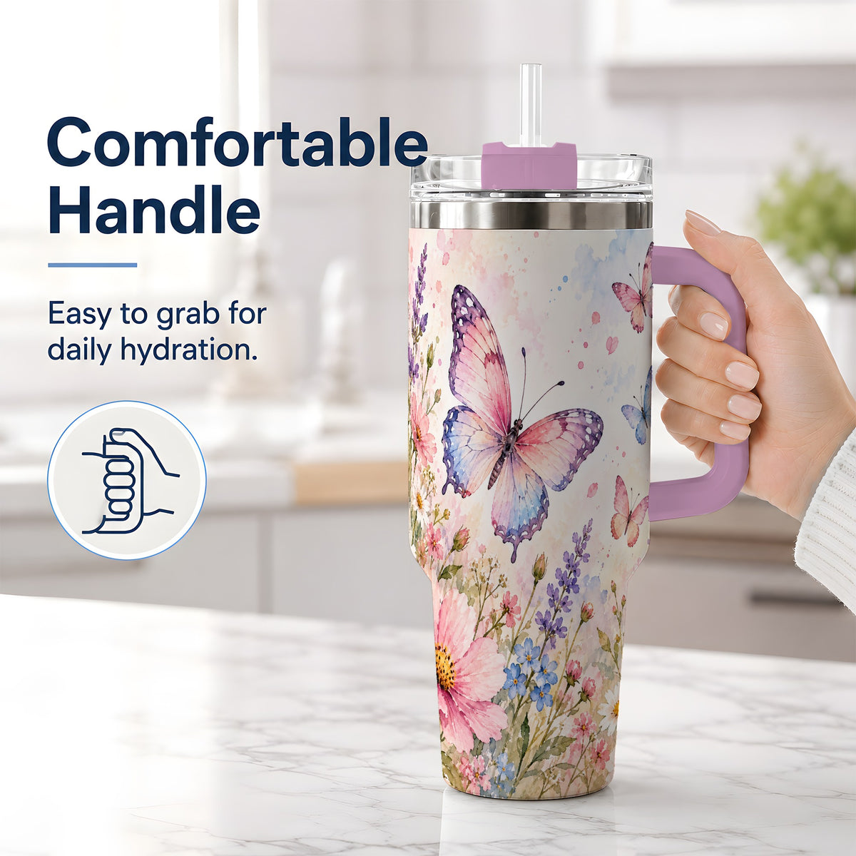 #pl[40oz|Pink] Watercolor Butterfly Wildflower 40oz Tumbler, Stainless Steel